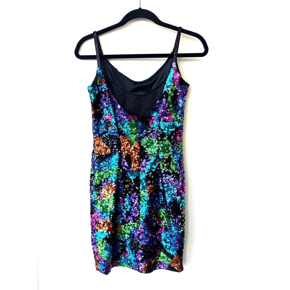Vintage 80s Oleg Cassini Black Tie Multicolor Sequined New Years Eve Mini Dress - Picture 3 of 4